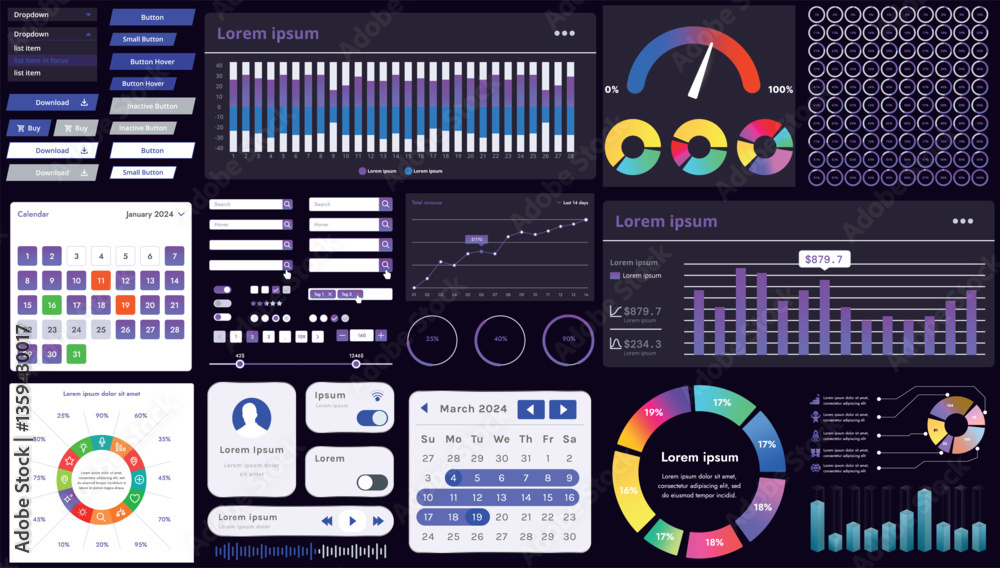 Poster a set of modern interface elements for business applications and websites: buttons, charts, menus, g