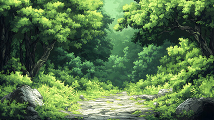 A stone pathway leads through a dense verdant forest filled with lush green foliage and towering trees under a muted