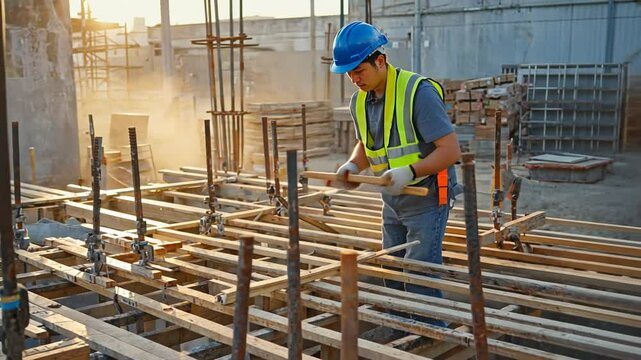 Construction worker making formwork.