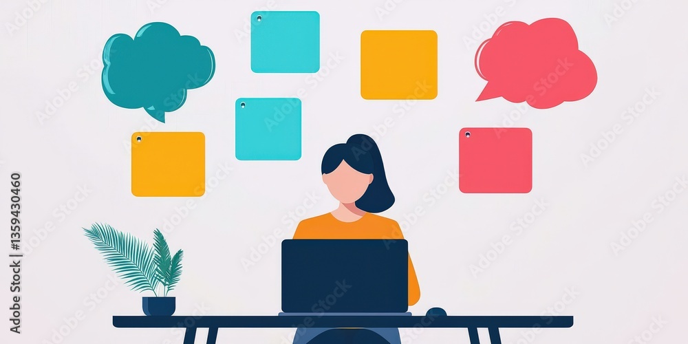 Poster productivity tools task remote concept. illustration of a person working at a desk with colorful spe