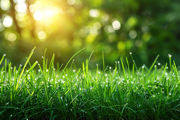 Obraz premium Dew-covered grass blades glistening under the early morning light, creating a serene atmosphere