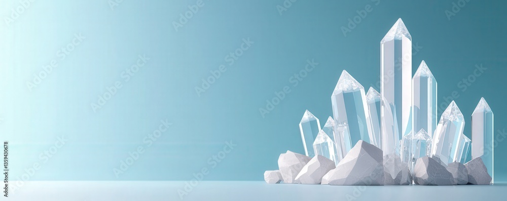 Poster productivity tools task remote concept. clear blue background with a cluster of transparent crystal 