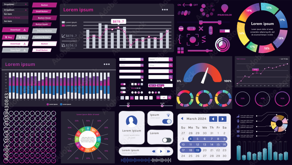 Poster a set of modern interface elements for business applications and websites: buttons, charts, menus, g