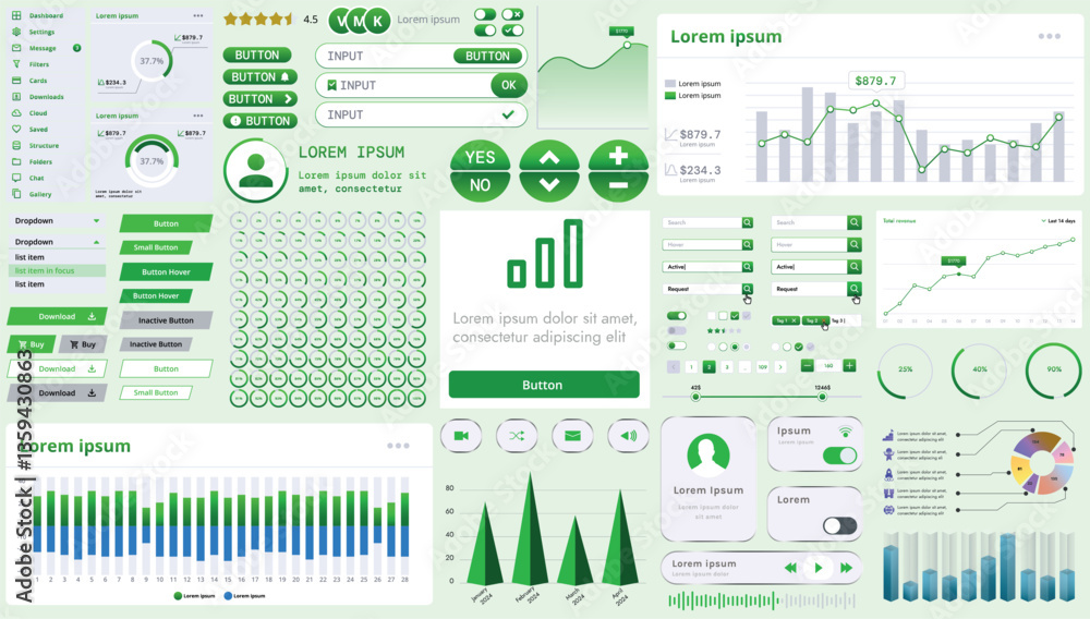 Poster a set of modern interface elements for business applications and websites: buttons, charts, menus, g
