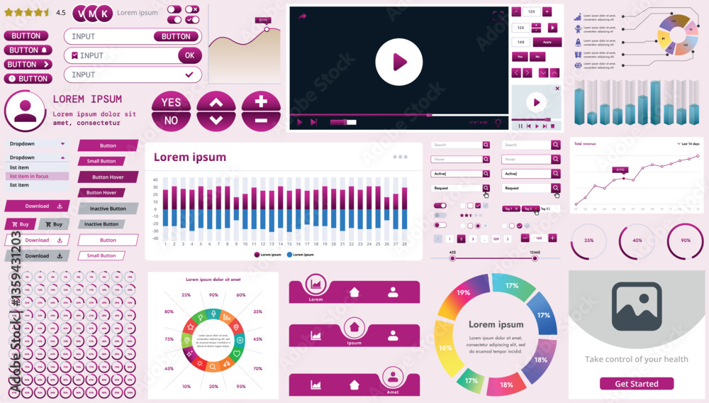 Poster a set of modern interface elements for business applications and websites: buttons, charts, menus, g