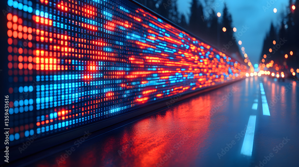 Poster data stream highway: an abstract depiction of data streaming along a highway, with glowing digital d