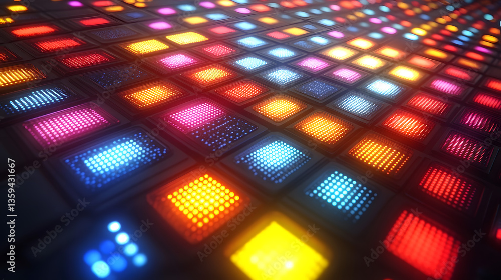 Poster dance floor illumination: a vibrant dance floor lights up with a kaleidoscope of colors, inviting a 