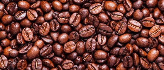 Obraz premium Freshly Roasted Coffee Beans Piled Together on a Rustic Wooden Surface