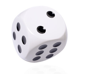 Isolated large white die or dice with black dots on white background, template of a die or dice,...