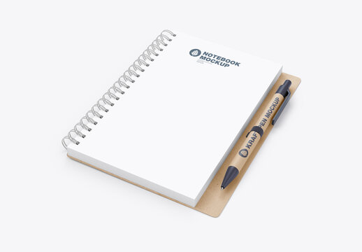 Kraft Notebook With Ring and Pen Mockup