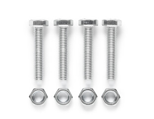 Row of tap bolts with chrome nuts isolated on white background
