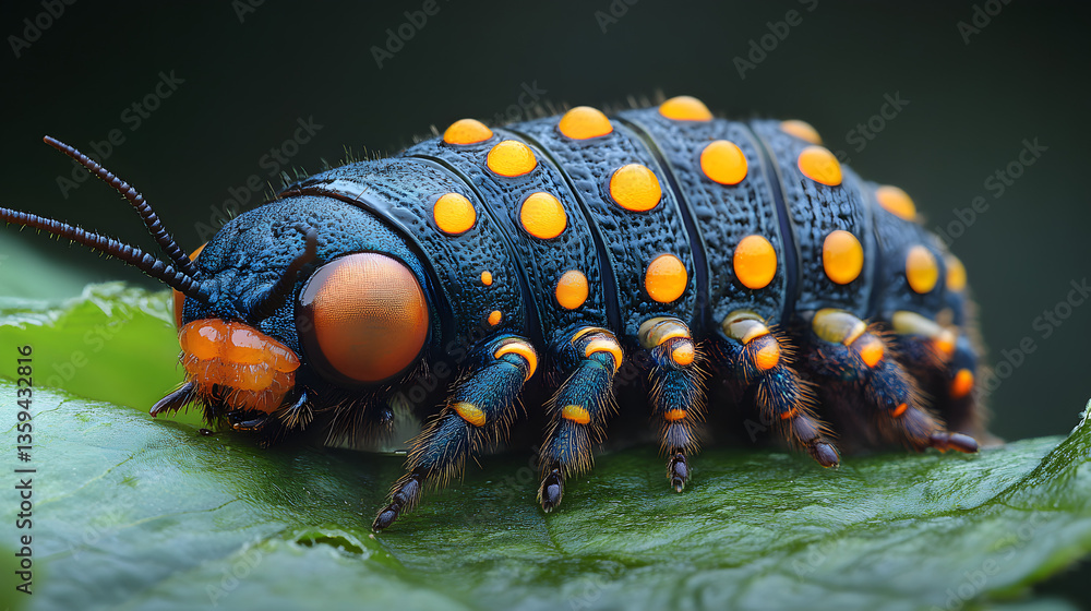 Poster intriguing bug on a leaf: a close-up captures the vibrant details of a unique, stylized bug with str