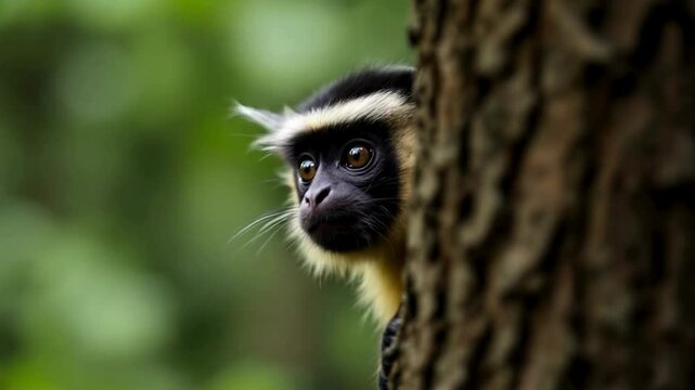A guenon peers curiously from behind a tree, its expressive face watching the forest below as it carefully observes its surroundings