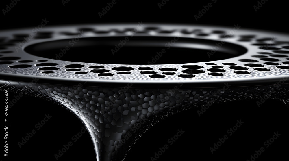 Poster precision engineering: an abstract macro shot captures a circular, perforated metal component agains