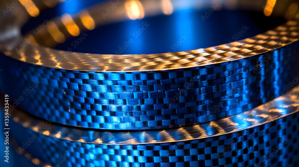 Poster reflective coil: an abstract, close-up shot of a metallic coil. the metal's texture and the play of 