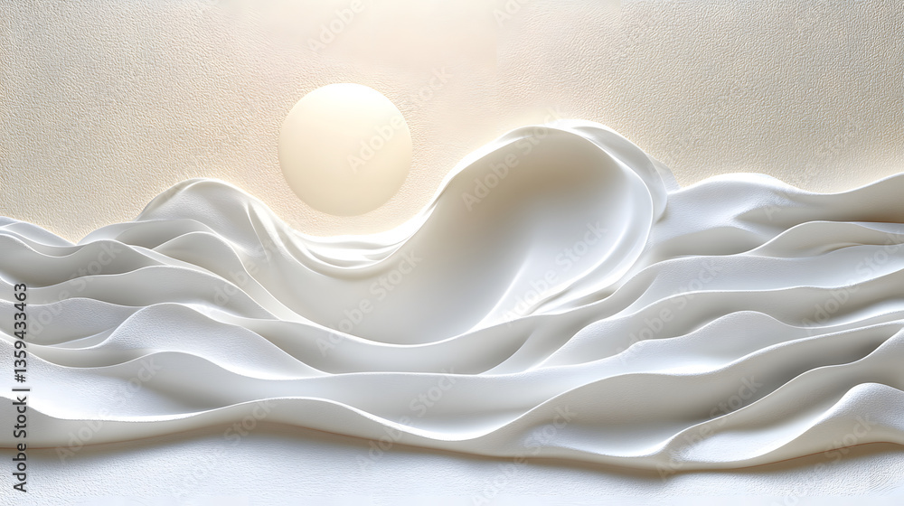 Poster oceanic serenity: an abstract rendering of waves in motion with sun, evoking a sense of calm.