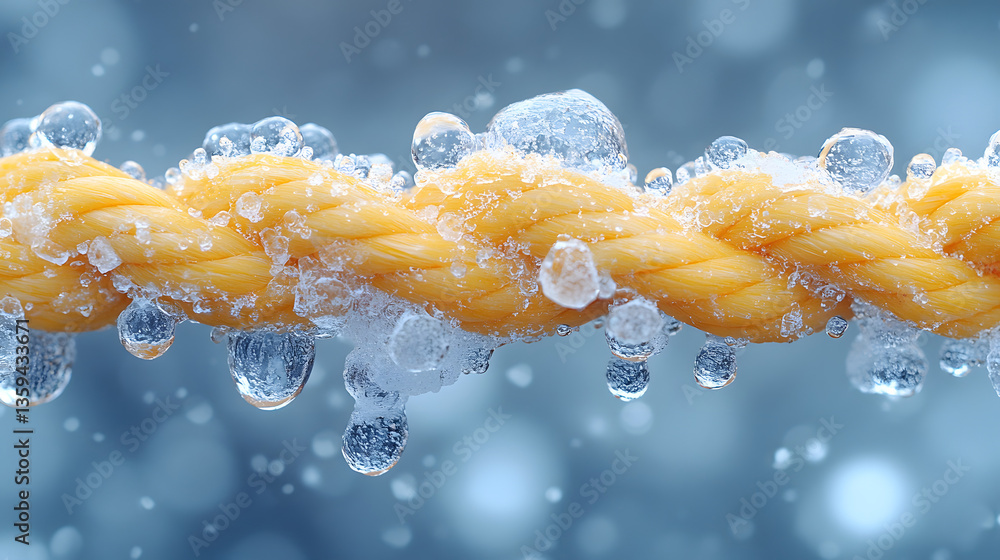 Poster frozen rope close-up: a close-up view of a textured rope with delicate ice crystals and droplets cli