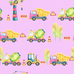 Naklejka premium Yellow dump trucks, green cement mixers, and traffic cones on a pastel pink background. This watercolor seamless pattern clipart is great for kids fabric, wallpaper, and digital projects