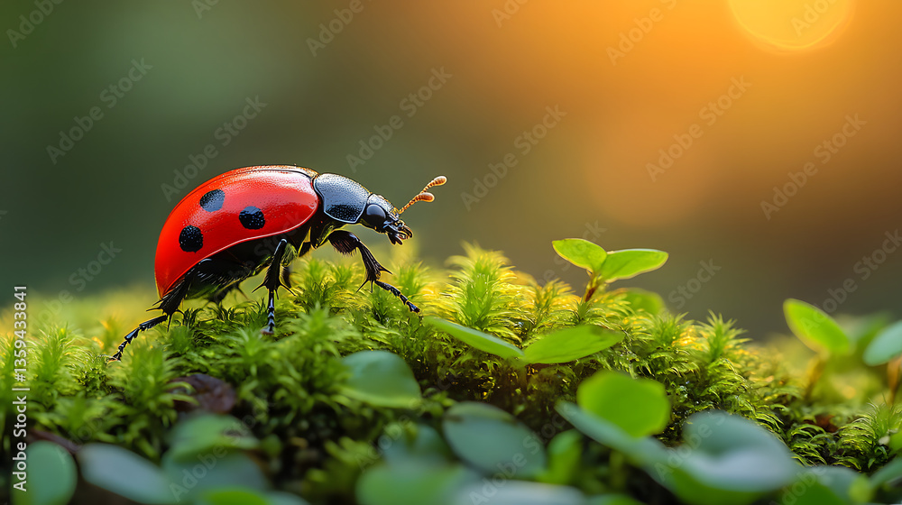 Poster ladybug on moss: a close-up image of a vibrant ladybug crawling on a patch of green moss, illuminate