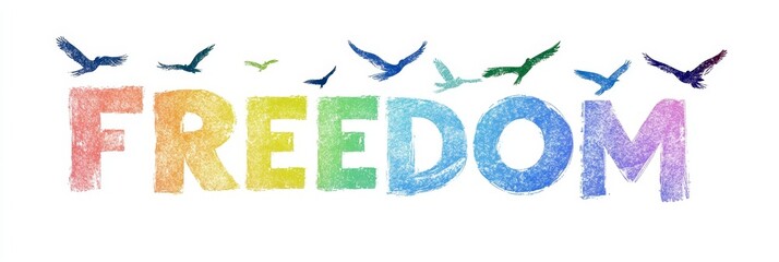 Rainbow FREEDOM Text Banner with Flying Birds Studio Shot Design Bright Lighting Concepts