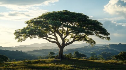 Fototapeta premium Lone Tree on a Misty Mountain at Twilight