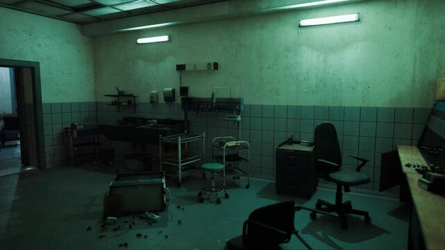 A deserted office room features disarrayed furniture, empty chairs, and a dimly lit atmosphere, hinting at past activity in an urban environment, evoking a sense of neglect.