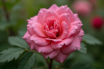 Obraz premium Close-up of a pink flower with dew drops on petals, featuring a blurred green garden background.
