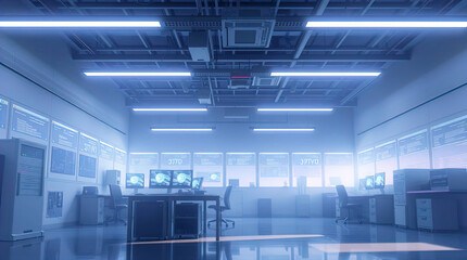 A soft dreamy atmosphere rendering of a cyberpunk IT lab using gentle soft light, diffused shadows, subtle illumination, and a hazy soft light effect