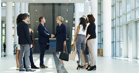 CEO, business people and handshake in office for welcome, b2b introduction or greeting. Group,...