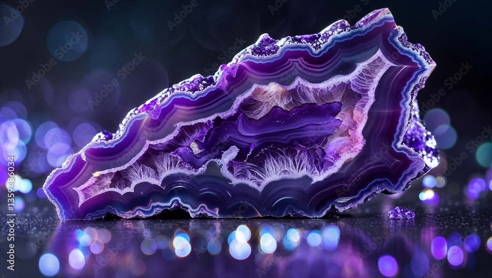 Poster beautiful purple agate stone with striking patterns and sparkling background captured at a close ran