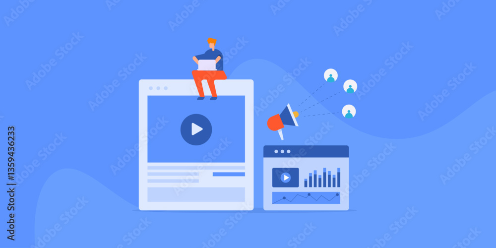 Canvas Prints man with laptop sitting on video content web page, analysing marketing data and business promotion r