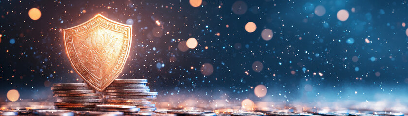 Fototapeta premium glowing shield stands guard over pile of coins, surrounded by magical atmosphere filled with sparkling lights and soft bokeh effects. This enchanting scene evokes sense of protection and wealth