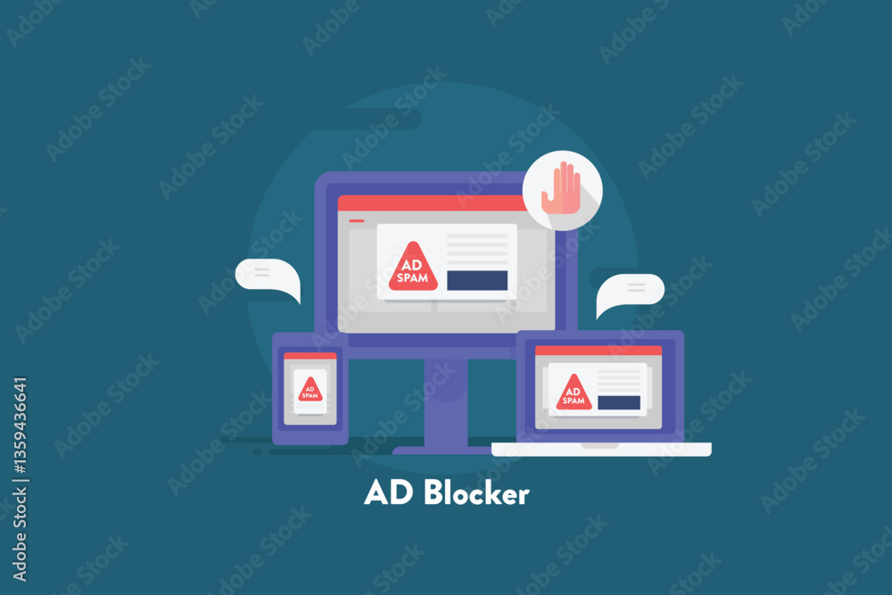 Poster ad blocker system, protect user browser from unwanted advertising and spam. block ad on digital devi