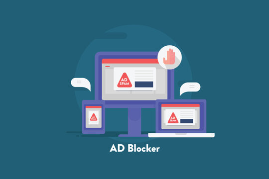 AD blocker system, protect user browser from unwanted advertising and spam. Block ad on digital device screen, safe internet browsing concept.