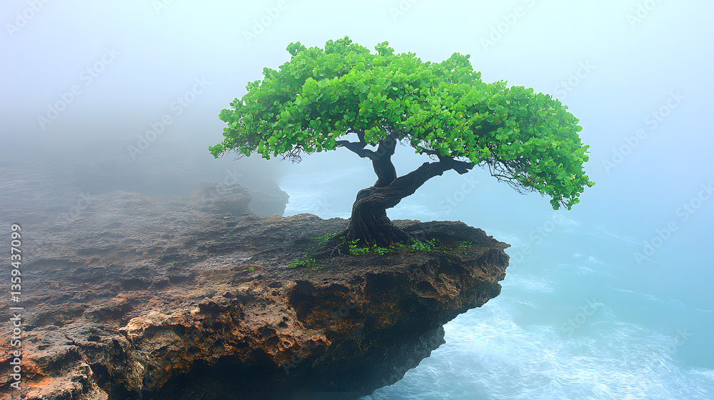 Poster solitary tree: a lone tree clings to the edge of a cliff overlooking the tranquil turquoise waters. 