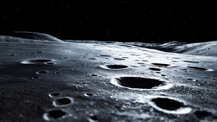 A close-up view of a lunar surface, showcasing numerous craters under a starry sky. Concept Lunar Craters, Starry Night Sky, Close-up Astronomy, Celestial Landscapes, Moon Surface Details