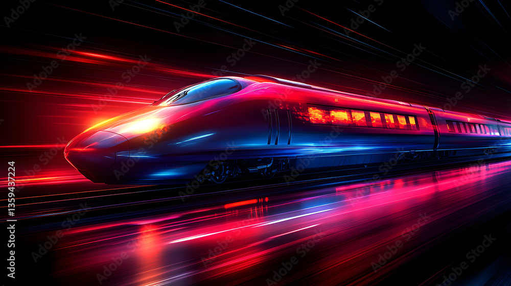 Poster speed demon: a modern bullet train streaks through a tunnel of speed and motion, the vibrant red and