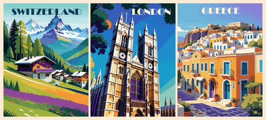 Travel poster of London England with a telephone booth and Big Ben in the background. The painting has a whimsical and playful mood, with the bright colors