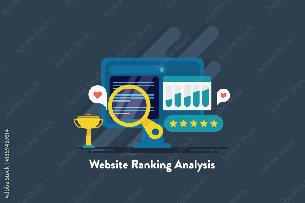 Poster web traffic analytics and website ranking position on search engine page, seo marketing and optimise