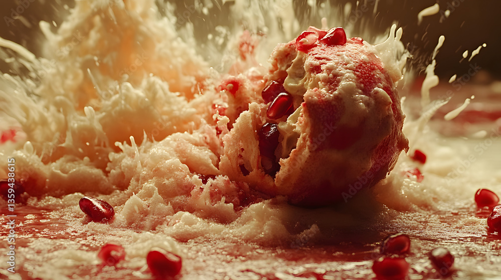 Poster exploding pomegranate: dramatic close-up of a pomegranate bursting open, releasing a cascade of red 