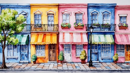 Fototapeta premium Colorful Row of Charming Houses with Flower Boxes and Awnings