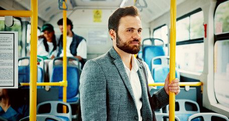 Business, thinking and commute with man on bus for reflection, journey and meeting schedule. Public...