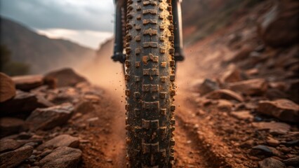 Close-up of a bike tire on a rugged trail, kicking up dust and water droplets, showcasing an adventurous outdoor scene.