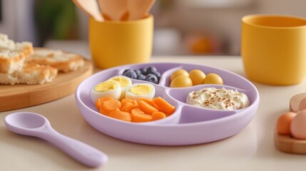 Colorful kid's meal, featuring eggs, carrots, yogurt, and blueberries