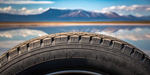 Fototapeta premium A close-up of a tire against a backdrop of mountains and a reflective landscape, highlighting nature and automotive themes.