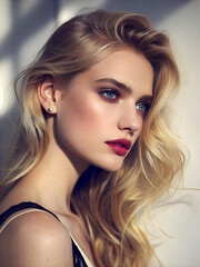 Fototapeta premium Portrait of beautiful woman with long blonde hair and evening makeup. Classic beauty. Blonde model woman with natural make-u, healthy skin and long hair. Female beauty, cosmetology or skincare concept