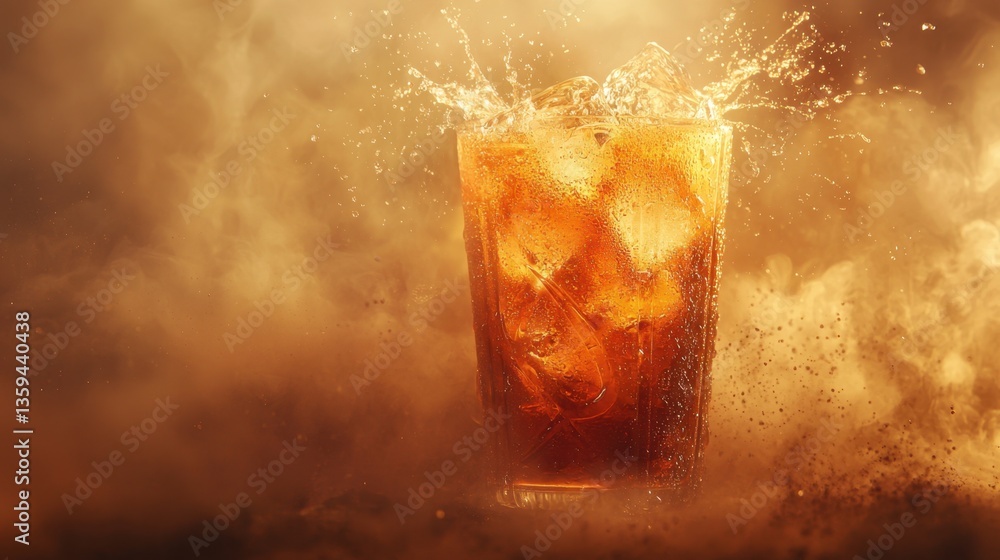 Poster refreshing summer cola glass with an ice splash effect, emphasizing movement and coolness against a 