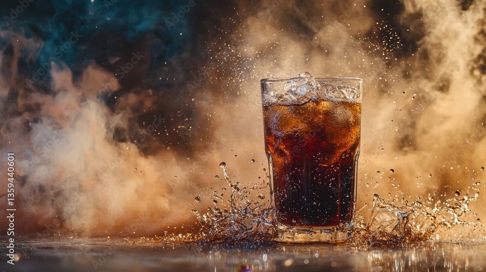 Poster refreshing summer cola glass with an ice splash effect, emphasizing movement and coolness against a 
