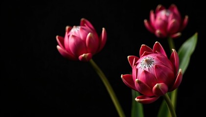Obraz premium Elegant pitaya flowers contrast beautifully against a dark black background, vibrant, vivid