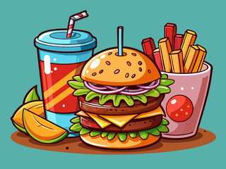 vector of  Delicious burger, fries, and iced tea combo